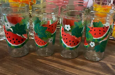 Anchor Hocking Set 4 16oz Watermelon Drinking Tumblers Vintage 70s Jelly Glasses • $18.90