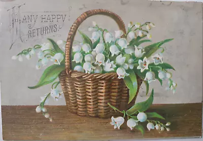 Antique Victorian Happy Birthday Card Lily Of The Valley In Wicker Basket Floral • £3.49