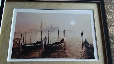 Venice Italy Gondolas At Sunrise Framed Numbered Watercolor Print Metallic Mat • $30