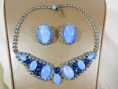 Vtg High End Blue Moonstone Glass Cabochon & Rhinestone Necklace Earrings Set • $85