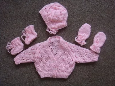 Pink Cardigan Bonnet Mittens/bootees 14  Chest Prem Baby • £4.99