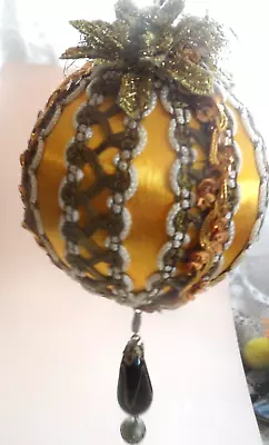 Vintage Christmas Ornament - HANDMADE GOLD BALL W/SEQUINS BEADS & TRIM • $4.99