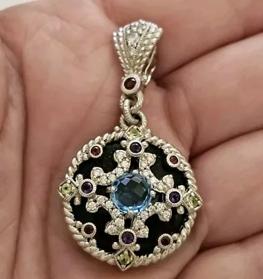 Judith Ripka Sterling Blue Topaz Onyx Multi-Gemstone Enhancer EUC • $149.99