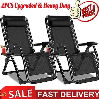 2pcs Reclining Sun Lounger Outdoor Garden Folding Zero Gravity Chairs Heavy Duty • £79.85