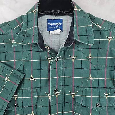 Vintage Wrangler Peal Snap Mens LARGE Green Long Horn Print Short Sleeve Shirt • $29.99