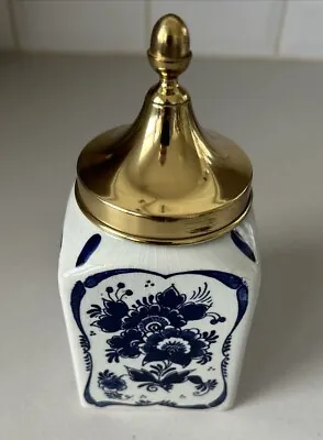 Vintage Delft Holland Blue & White Hand Painted Tea Caddy; Brass Lid; 6.5”x2.75” • $19.99