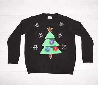 Christmas Tree Jumper Adults MEDIUM Black Fun Ball Game Novelty Festive Sweater • £11.95