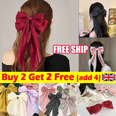 Large Bow Ribbon Barrettes Women Girls Satin Steel Hair Clip Hairpin Headwear UK • £6.59