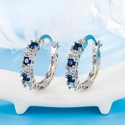 925 Sterling Silver Blue Crystal Hoop Earrings Jewellery Women Girls Gift UK • £3.99