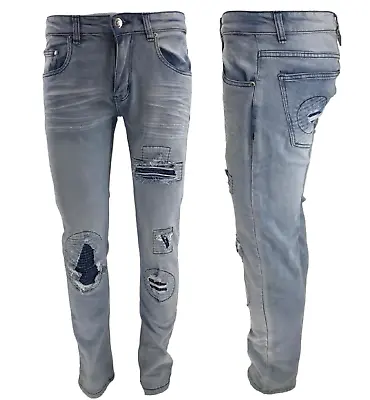 Mens Ripped Denim Jeans Peviani Stretch Slim Fit Skinny Light Blue Jeans Pants • £26.61