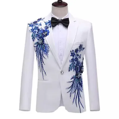Mens Rhinestone Sequins Floral Coat Jacket Dress Suit Blazer Lapel Party Fashion • $58.45
