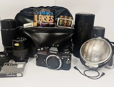 Konica Minolta 35mm AUTOREFLEX TC SLR Camera W/Lenses Flash Filter Bag Cases • $179.99