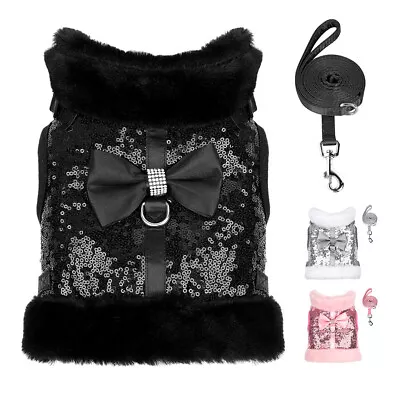 £14.99 • Buy Warm Dog Harness And Lead Set Soft Fleece Vest Leash With Bow Tie Bling Sequins