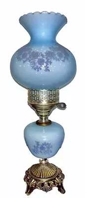 Vintage Glass GWTW Hurricane Blue Satin W/Applied Flower Boudoir Lamp  16 1/2” T • $57