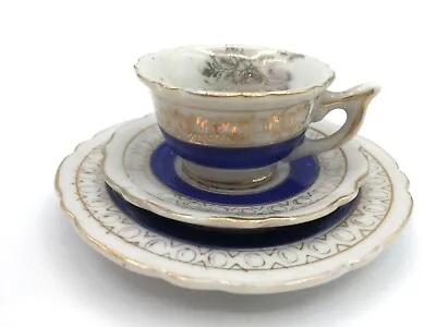 Vintage Miniature Mini Cobalt Blue & Gold Gilt Tea Cup Saucer And Dessert Plate • $12.99