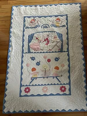 Vtg Childs Quilt*Embroidered Appliquéd Marionette Puppet Show Theater W/Children • $49.99