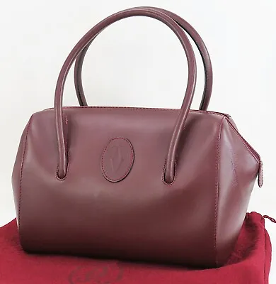 $197.10 • Buy Authentic Must De CARTIER Burgundy Leather Hand Tote Shoulder Bag Purse #46391