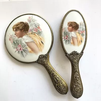 Antique Painted Lady PORCELAIN Beveled Hand MIRROR & BRUSH SET Vintage Victorian • $60