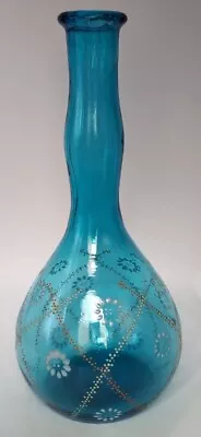 Antique Victorian Pontiled Turquoise Glass Barber Bottle Enameled Flower Line • $34.99