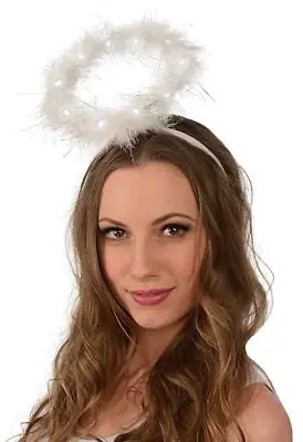 Ladies White Light Up LED Fluffy Halo Angel Headband Fairy Xmas Fancy Dress • £3.45