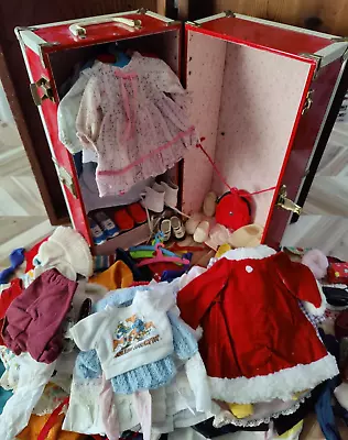 Vtg Metal Red  Doll Trunk Case 18x9x9 Doll Storage Trunk W/Doll Clothes Lot 75+ • $110