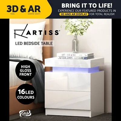 Artiss Bedside Tables 2 Drawers Side Table RGB LED Gloss Nightstand White COLEY • $78.95