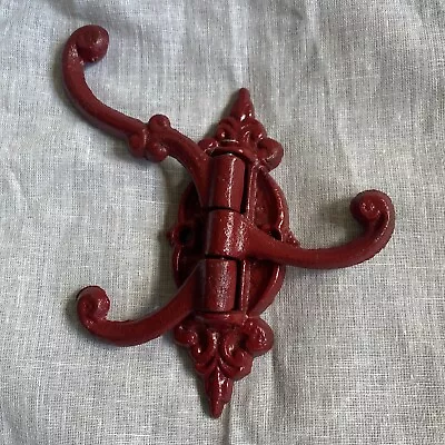 Vintage Cast Iron Wall Hooks Triple Swivel Coat Hat Towel  RED!!! • $16.99