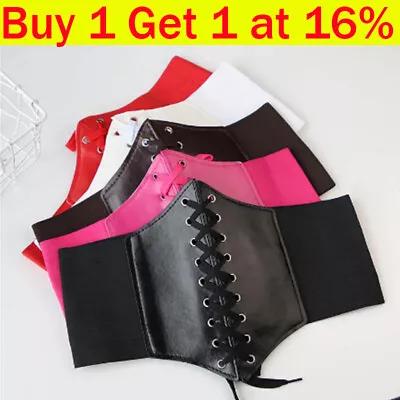 Ladies Waist Cincher Wide Band Elastic Tied Waspie Corset Leather Belt Black Uk • £1.09