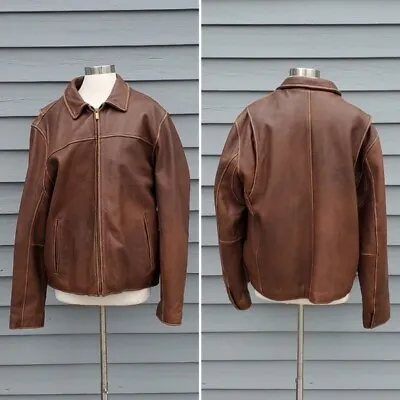 Vintage 90s Y2k Wilsons Brown Leather Car Coat Racer Racing Jacket Size Men's Lg • $149.99