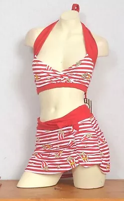 Red Popcorn Bikini Vintage Pin Up 1950's Bikini Bra Skirt Bottoms Separates • £15.99