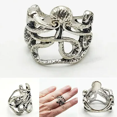 Vintage Brutalist Nautical Sea Octopus Tentacles Silvertone Metal Sz 6 Ring • $9.99