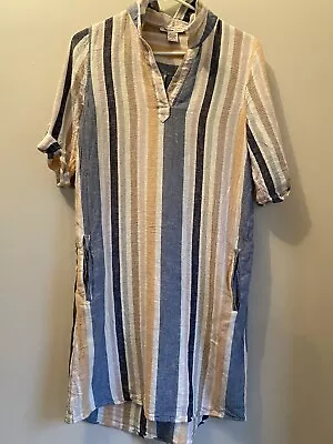 Marisa Olivia Cover Up Dress Small Linen Mix Blue Stripe V Neck Beach Boho • $17