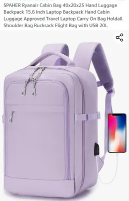 SPAHER Ryanair Cabin Bag 40x20x25 Hand Luggage Backpack 15.6 Inch Laptop Lilac  • £23.99