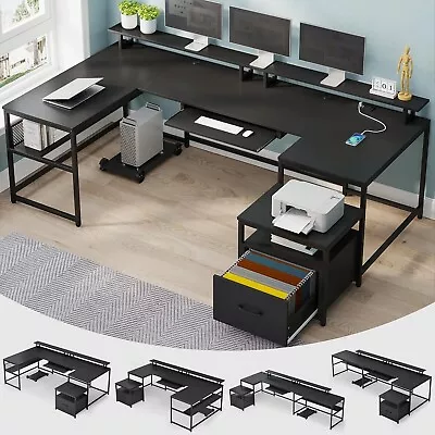 U Shaped Desk Reversible L Shaped Home Office Desk With File Drawer&Power Outlet • $219.97