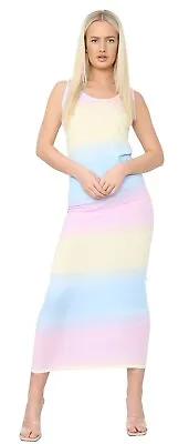 Womens Long Maxi Dress Ladies Stretch Jersey Rainbow Racer Muscle Back Vest 8-26 • £12.99