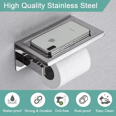 $20.69 • Buy Stainless Steel Toilet Paper Roll Holder Storage + Phone Shelf Bathroom Washroom