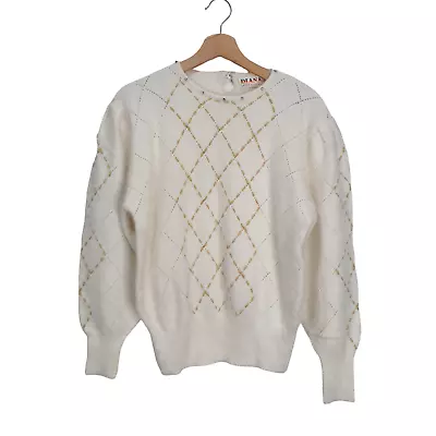 Diana Japan Size S/M Vintage Cream Angora Argyle Fluffy Knit Jumper Sweater • $49.95