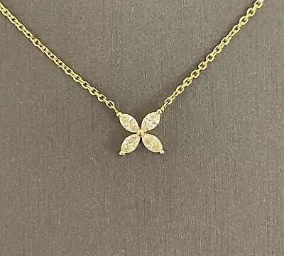 Dainty 0.29ct Marquise Diamond Flower Pendant 14K Yellow Gold Necklace 16-18  • $1075