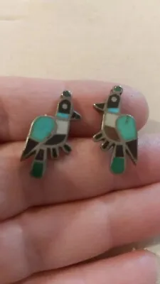 Vintage Native American Sterling Silver Zuni Inlay Turquoise Bird Studs • £45