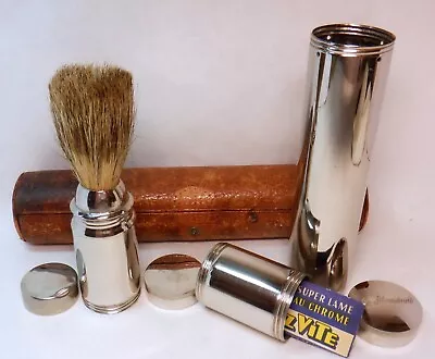 VTG VICTORIAN? SHAVEINALL SHAVING SET LEATHER CASE SILVER COLOR KIT W BRUSH Etc • $55