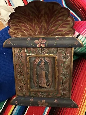 Painted Tin Frame Picture Of The Virgin Of Guadalupe Behind Glass. • $38