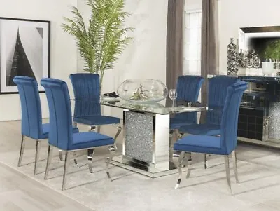 7 Piece Stainless Steel Glass Top Table & Blue Chairs - Art Deco Dining Set IN7E • $2285.75