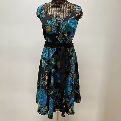$33.95 • Buy CITY CHIC Black/Blue Floral Sleeveless  Fit & Flare Dress Sash -- Size S / 16