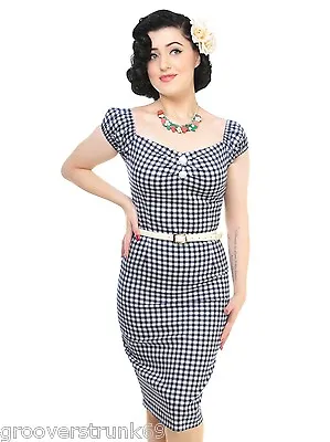 Collectif UK Delores Navy Gingham Pencil Dress Wiggle Rockabilly Pinup PLUS SIZE • £61.98