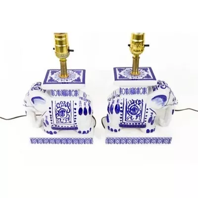 Blue And White Elephant Lamp Pair • $220