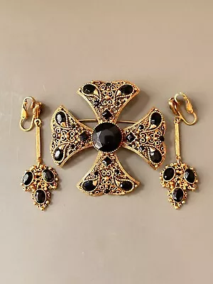 Vintage FLORENZA Maltese Cross Brooch & Dangle Earring Set Black Crystal Stones • $59