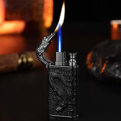 Windproof Crocodile Double Flame Jet Torch Lighter Gas Refillable Metal Gift BOX • £9.89