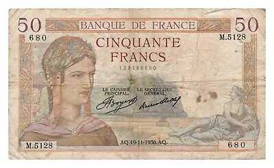 FRANCE Banknote 50 Francs 19.11.1936. VF Very Fine • £14.46