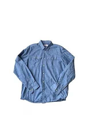 LEVIS 201 Selvedge Chambray Shirt Mens Large Navy Deck Blue Triple Chainstitch • £49.99