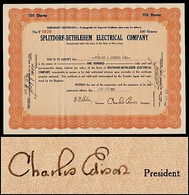 1929 Splitdorf-Bethlehem Electrical Company - Original Charles Edison Signature! • $55.19